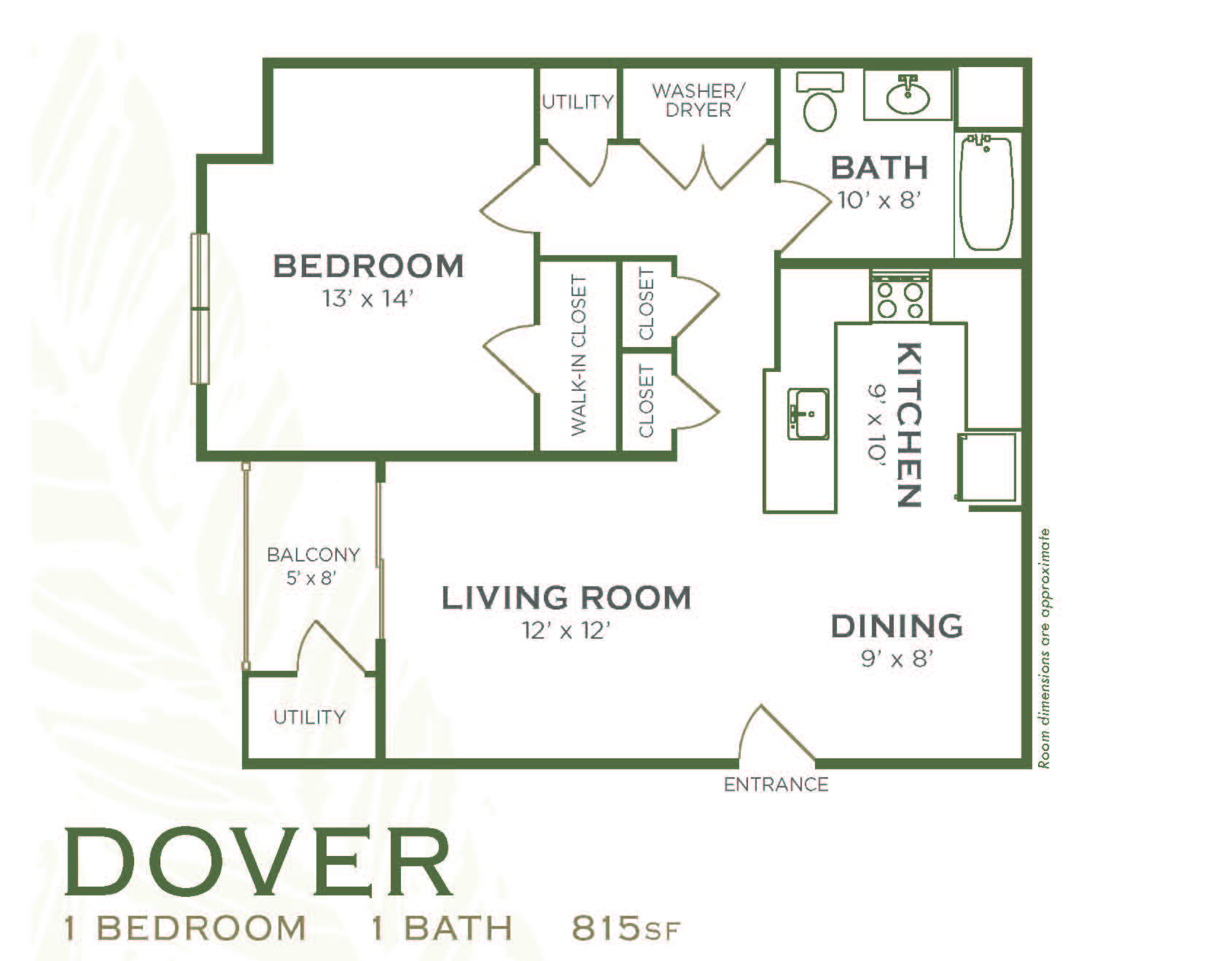 Floor plan for 1 bed, 1 bath, 815 sqft